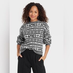 A New Day Women’s Black & White Apres Crewneck Pullover Sweater Soft Cozy Size S
